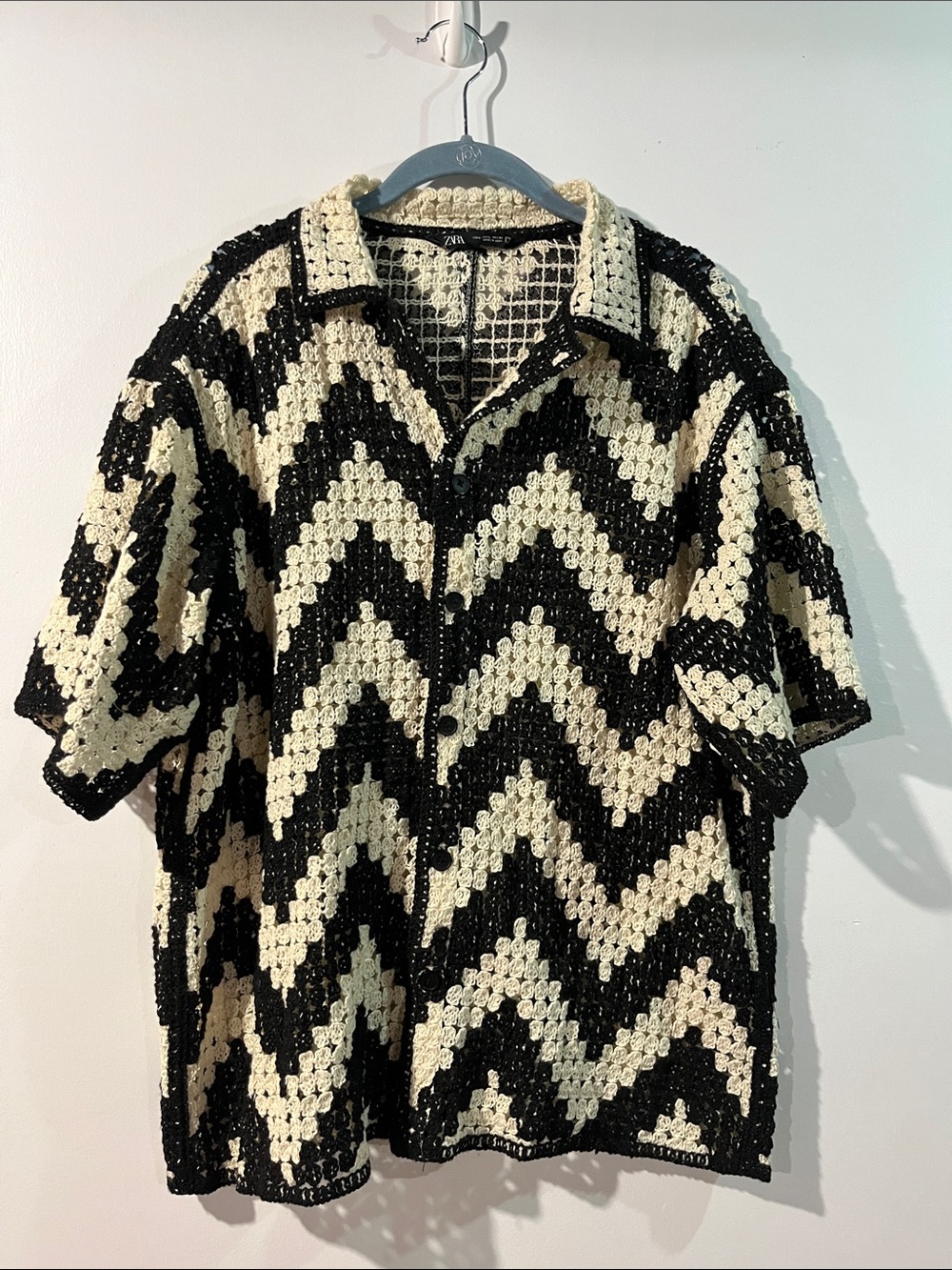 Zara Black and Cream Crochet Button-Down Shirt